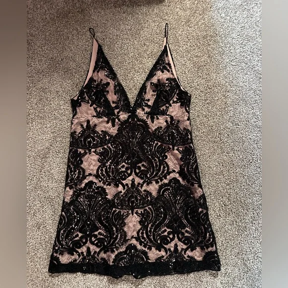 Free People Night Shimmer Sequin Mini Dress Black Lace - Picture 3 of 8